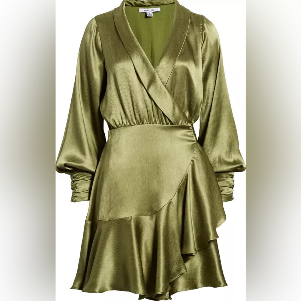 BTLF-Life Galiena Long Sleeve Satin Dress, Olive Green, Size XL